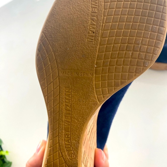 Navy Suede Stuart Weitzman Wedges with gold toe caps - Picture 3 of 3